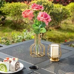 Captiva Designs 5pc Steel Outdoor Patio Dining Set With Patterned Arm Chairs & Square Table With Umbrella Hole Black -Sunnydaze Decor Store GUEST 450ce141 3cff 4c4a a776 8109e08c6c9c