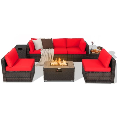 Costway 8PCS Patio Rattan Furniture Set Fire Pit Table Tank Holder Cover Deck Off White/Black/Navy/Red/Turquoise 12 Costway 8PCS Patio Rattan Furniture Set Fire Pit Table Tank Holder Cover Deck Off White/Black/Navy/Red/Turquoise - Image 12