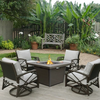 Kinger Home Ethan 5-Piece Rattan Wicker Propane Fire Pit Set With An Aluminum Frame 1 Kinger Home Ethan 5-Piece Rattan Wicker Propane Fire Pit Set With An Aluminum Frame