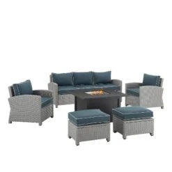 Bradenton 6pc Outdoor Wicker Sofa And Arm Chair Seating Set With Dante Fire Table And 2 Ottomans - Navy/Gray - Crosley 20 Bradenton 6pc Outdoor Wicker Sofa And Arm Chair Seating Set With Dante Fire Table And 2 Ottomans - Navy/Gray - Crosley -Sunnydaze Decor Store GUEST 48adff7a 4f9a 4b30 8211 7cb14cc23792