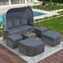 Outdoor Patio Wicker Sunbed Furniture Set With Retractable Canopy - ModernLuxe