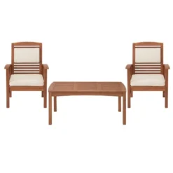 Lyndon 3pc Eucalyptus Wood Outdoor Set With Cushions - Light Brown - Alaterre Furniture