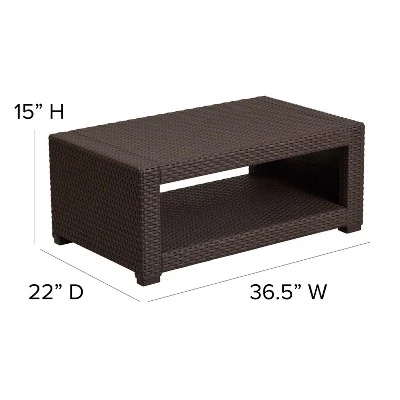 Merrick Lane Outdoor Furniture Coffee Table Chocolate Brown Faux Rattan Wicker Pattern All-Weather Patio Coffee Table With Shelving 4 Merrick Lane Outdoor Furniture Coffee Table Chocolate Brown Faux Rattan Wicker Pattern All-Weather Patio Coffee Table With Shelving - Image 4