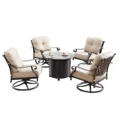 Oakland Living 5pc Aluminum Outdoor Patio Fire Pit Set With 34" Round Propane Fire Table & Swivel Rocking Chairs Copper