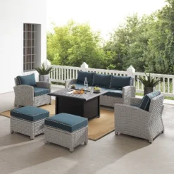 Bradenton 6pc Outdoor Wicker Sofa And Arm Chair Seating Set With Dante Fire Table And 2 Ottomans - Navy/Gray - Crosley