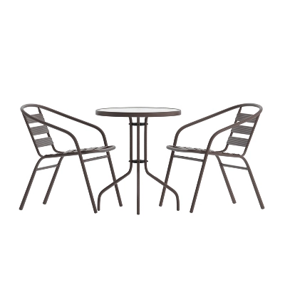 Emma And Oliver 23.75'' Round Glass Top Metal Table With 2 Aluminum Slat Stack Chairs 13 Emma And Oliver 23.75'' Round Glass Top Metal Table With 2 Aluminum Slat Stack Chairs - Image 13