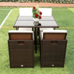 9pc Wicker Outdoor Dining Set With Cushion - Dark Brown/Beige - GODEER -Sunnydaze Decor Store GUEST 50edd201 0822 47fa ac24 592bf3c3d5e3 1