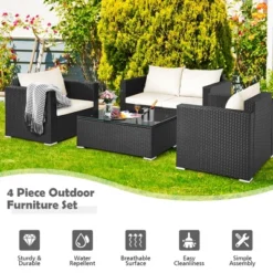 Costway 4PCS Patio Rattan Furniture Set Cushioned Sofa Chair Coffee Table Off White -Sunnydaze Decor Store GUEST 51461a11 0aa9 4c34 9a8f abcfe4d92fe6