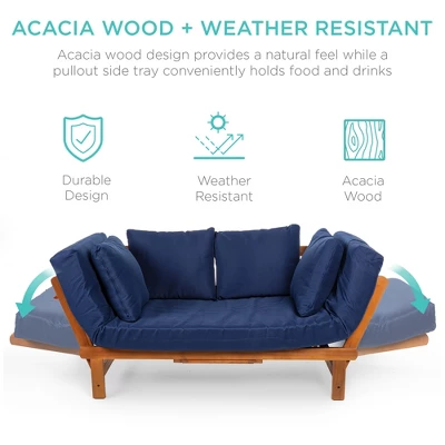 Best Choice Products Outdoor Convertible Acacia Wood Futon Sofa W/ Pullout Tray, 4 Pillows, All-Weather Cushion - Navy 2 Best Choice Products Outdoor Convertible Acacia Wood Futon Sofa W/ Pullout Tray, 4 Pillows, All-Weather Cushion - Navy - Image 2