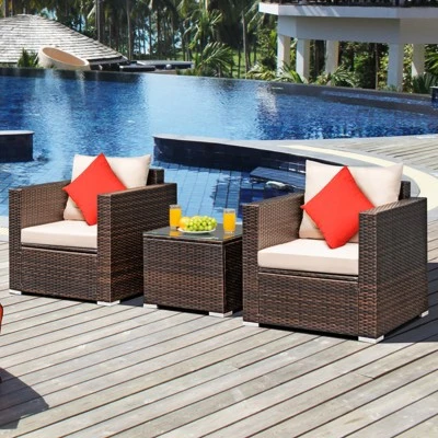 Costway 3PCS Patio Rattan Outdoor Furniture Set W/ Cushioned Sofa Coffee Table 1 Costway 3PCS Patio Rattan Outdoor Furniture Set W/ Cushioned Sofa Coffee Table