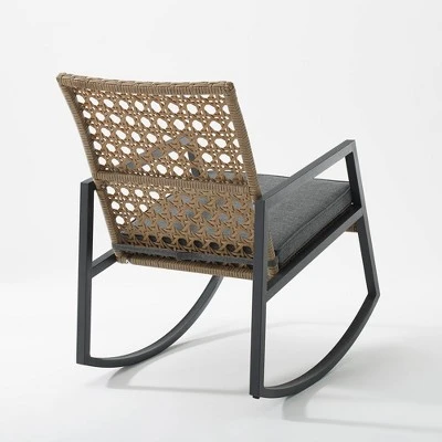 Komodo Modern Boho Faux Rattan & Metal Outdoor Rocking Chair With Cushion - Brown/Gray - Saracina Home 3 Komodo Modern Boho Faux Rattan & Metal Outdoor Rocking Chair With Cushion - Brown/Gray - Saracina Home - Image 3