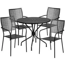 Emma And Oliver Commercial Grade 35.25" Round Metal Garden Patio Table Set, 4 Square Back Chairs -Sunnydaze Decor Store GUEST 523b7849 869e 4626 9b36 f42efda9a732