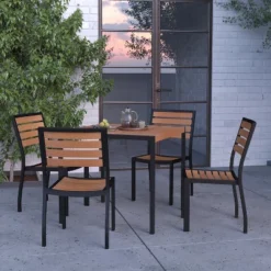 Merrick Lane 5 Piece Patio Table And Chairs Set Faux Teak Wood And Metal Indoor/Outdoor Table And Chairs With All-Weather Purpose