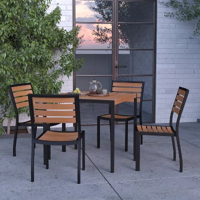 Merrick Lane 5 Piece Patio Table And Chairs Set Faux Teak Wood And Metal Indoor/Outdoor Table And Chairs With All-Weather Purpose 1 Merrick Lane 5 Piece Patio Table And Chairs Set Faux Teak Wood And Metal Indoor/Outdoor Table And Chairs With All-Weather Purpose