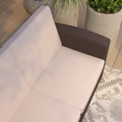 Merrick Lane Outdoor Furniture Resin Sofa Chocolate Brown Faux Rattan Wicker Pattern Patio 3-Seat Sofa With All-Weather Beige Cushions -Sunnydaze Decor Store GUEST 5b573cb1 804a 4d88 86d1 e6829f56b906