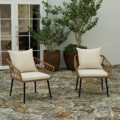 Merrick Lane Set Of Two Indoor/Outdoor Boho Style Open Weave Rattan Rope Patio Chairs With Cushions
