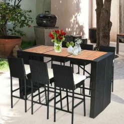 COSTWAY 7 PCS Patio Rattan Wicker Bar Dining Furniture Set Wood Table Top 6 Stools -Sunnydaze Decor Store GUEST 5c3ae13a 0939 4a6b 9e02 87763a58d56c