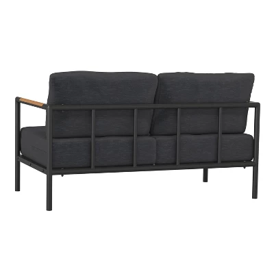 Emma And Oliver Aluminum Frame Loveseat With Teak Arm Accents And Plush Cushions 6 Emma And Oliver Aluminum Frame Loveseat With Teak Arm Accents And Plush Cushions - Image 6