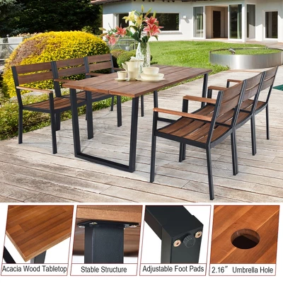 Costway 7PCS Patented Patio Dining Chair Table Set Acacia Wood Backyard W/Umbrella Hole 7 Costway 7PCS Patented Patio Dining Chair Table Set Acacia Wood Backyard W/Umbrella Hole - Image 7