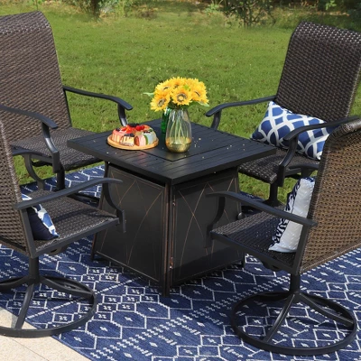5pc Patio Dining Set With Square Steel Fire Pit With Faux Wood Tabletop & Rattan 360 Swivel Chairs - Captiva Designs 2 5pc Patio Dining Set With Square Steel Fire Pit With Faux Wood Tabletop & Rattan 360 Swivel Chairs - Captiva Designs - Image 2