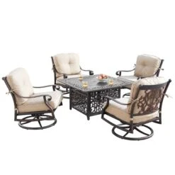 5pc Set With 42" Square Outdoor Aluminum Fire Table & Four Swivel Rocking Chairs & Wind Block - Oakland Living