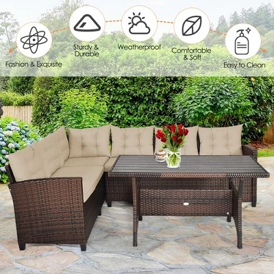 Costway 3PCS Rattan Dining Set Patio Furniture 6 Seats Sofa Cushioned 4 Costway 3PCS Rattan Dining Set Patio Furniture 6 Seats Sofa Cushioned - Image 4