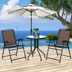 Costway 3PC Bistro Patio Garden Furniture Set 2 Folding Chairs Glass Table Top Steel -Sunnydaze Decor Store GUEST 68947223 506d 4e16 b8bf c144b0384a48
