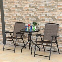 Costway 3PC Bistro Patio Garden Furniture Set 2 Folding Chairs Glass Table Top Steel -Sunnydaze Decor Store GUEST 6aebe028 d757 4569 aac1 6d7c6a29ab2d