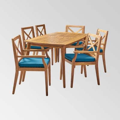 Llando 7-pc Acacia Wood Dining Set - Teak/Blue - Christopher Knight Home 1 Llando 7-pc Acacia Wood Dining Set - Teak/Blue - Christopher Knight Home