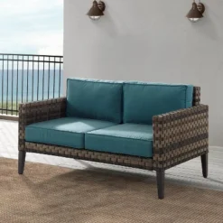 Prescott Outdoor Wicker Loveseat - Blue/Brown- Crosley