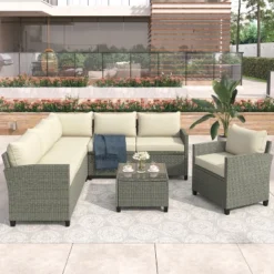 5-Piece Outdoor Conversation Set With Coffee Table, Cushions And Single Chair-ModernLuxe