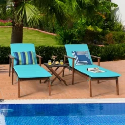 Costway 3PCS Patio Rattan Lounge Chair Folding Table Set Chaise Wood Cushioned WhiteTurquoise