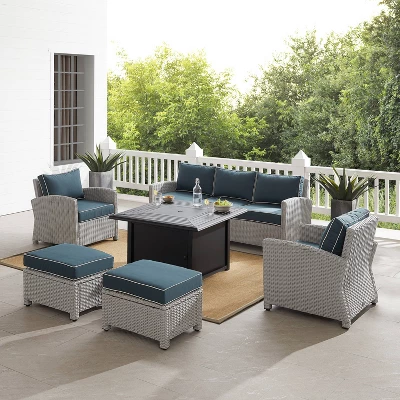 Bradenton 6pc Outdoor Wicker Sofa And Arm Chair Seating Set With Dante Fire Table And 2 Ottomans - Navy/Gray - Crosley 3 Bradenton 6pc Outdoor Wicker Sofa And Arm Chair Seating Set With Dante Fire Table And 2 Ottomans - Navy/Gray - Crosley - Image 3