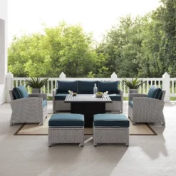 Bradenton 6pc Outdoor Wicker Sofa And Arm Chair Seating Set With Dante Fire Table And 2 Ottomans - Navy/Gray - Crosley 19 Bradenton 6pc Outdoor Wicker Sofa And Arm Chair Seating Set With Dante Fire Table And 2 Ottomans - Navy/Gray - Crosley -Sunnydaze Decor Store GUEST 731ca293 697c 4564 8769 864dcd17bc5f