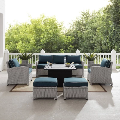 Bradenton 6pc Outdoor Wicker Sofa And Arm Chair Seating Set With Dante Fire Table And 2 Ottomans - Navy/Gray - Crosley 4 Bradenton 6pc Outdoor Wicker Sofa And Arm Chair Seating Set With Dante Fire Table And 2 Ottomans - Navy/Gray - Crosley - Image 4