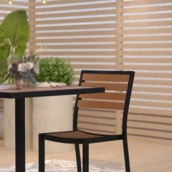 Merrick Lane 3 Piece Patio Table And Chairs Set Faux Teak Wood And Metal Indoor/Outdoor Table And Chairs With All-Weather Purpose -Sunnydaze Decor Store GUEST 75c2c111 4d5e 477a aa6b cea5f75e7d48