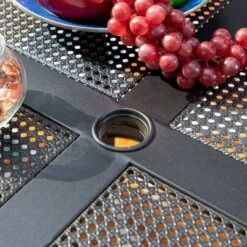 Captiva Designs 5pc Steel Outdoor Patio Dining Set With Patterned Arm Chairs & Square Table With Umbrella Hole Black -Sunnydaze Decor Store GUEST 76730566 2d9a 49fd b5b4 5b207903bb69