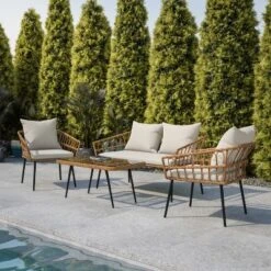 Flash Furniture Evin Boho 4 Piece Indoor/Outdoor Rope Rattan Patio Conversation Set With Tempered Glass Top Coffee Table And Cushions -Sunnydaze Decor Store GUEST 767ef88f e096 4079 a33b ae845fcf7cd8