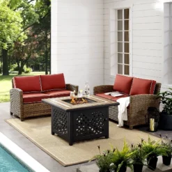 3pc Bradenton Outdoor Steel Fire Pit Set With 2 Loveseats Sangria/Weathered Brown - Crosley -Sunnydaze Decor Store GUEST 7933aacc a4e0 4c46 a9a7 a0a458d8a75a