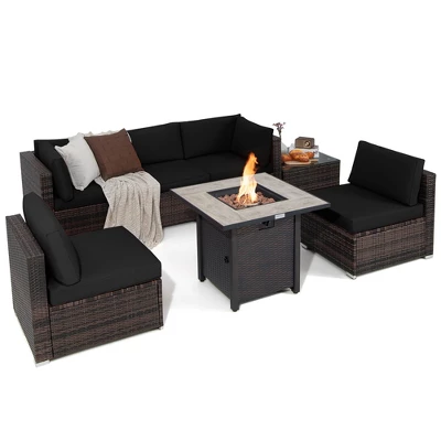Costway 7PCS Patio Rattan Furniture Set 30'' Fire Pit Table Cover Cushion Sofa Off WhiteBlackNavyRedTurquoise 2 Costway 7PCS Patio Rattan Furniture Set 30'' Fire Pit Table Cover Cushion Sofa Off WhiteBlackNavyRedTurquoise - Image 2