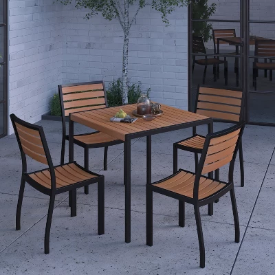 Merrick Lane 5 Piece Patio Table And Chairs Set Faux Teak Wood And Metal Indoor/Outdoor Table And Chairs With All-Weather Purpose 4 Merrick Lane 5 Piece Patio Table And Chairs Set Faux Teak Wood And Metal Indoor/Outdoor Table And Chairs With All-Weather Purpose - Image 4