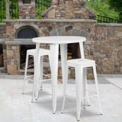 Emma And Oliver Commercial Grade 30" Round Metal Indoor-Outdoor Bar Table Set, 2 Backless Stools