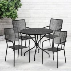 Emma And Oliver Commercial Grade 35.25" Round Metal Garden Patio Table Set, 4 Square Back Chairs