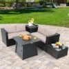 Tangkula 5PCS Outdoor Patio Furniture Set With 50,000 BTU Propane Fire Pit Table Patio Conversation Set W/ Cushions, Storage Box, Coffee Table Beige