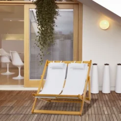 Outsunny 2-Person Double Patio Chaise Lounge Chair, Reclining Lounger, Folding Beach Chair With Adjustable Backrest For Deck, Beach And Poolside