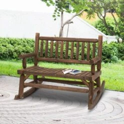 Outsunny 2-Person Wood Rocking Chair With Log Design, Heavy Duty Loveseat With Wide Curved Seats For Patio, Backyard, Garden