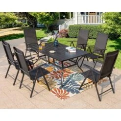 7pc Patio Dining Set Rectangular Table With Umbrella Hole & Folding Reclining Chairs - Captiva Designs
