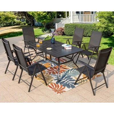 7pc Patio Dining Set Rectangular Table With Umbrella Hole & Folding Reclining Chairs - Captiva Designs 1 7pc Patio Dining Set Rectangular Table With Umbrella Hole & Folding Reclining Chairs - Captiva Designs