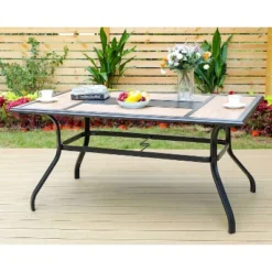 7pc Patio Dining Set With Faux Wood/Steel Table With Umbrella Hole & Metal Padded Arm Chairs - Captiva Designs