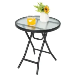 Costway Patio Folding Round Glass Side Table Bistro Coffee Table Plant Stand -Sunnydaze Decor Store GUEST 85ecddd5 c097 4754 99d4 0a704ece145f